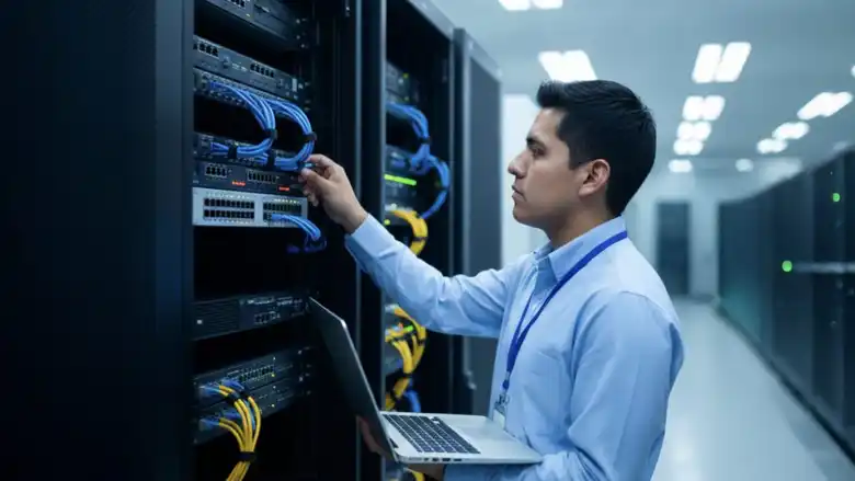 Ingeniero de sistemas revisa y configura equipos de red en un centro de datos, usando una laptop y cables de conexión, en un entorno tecnológico asociado a carreras con mayor demanda en el sector de TI.