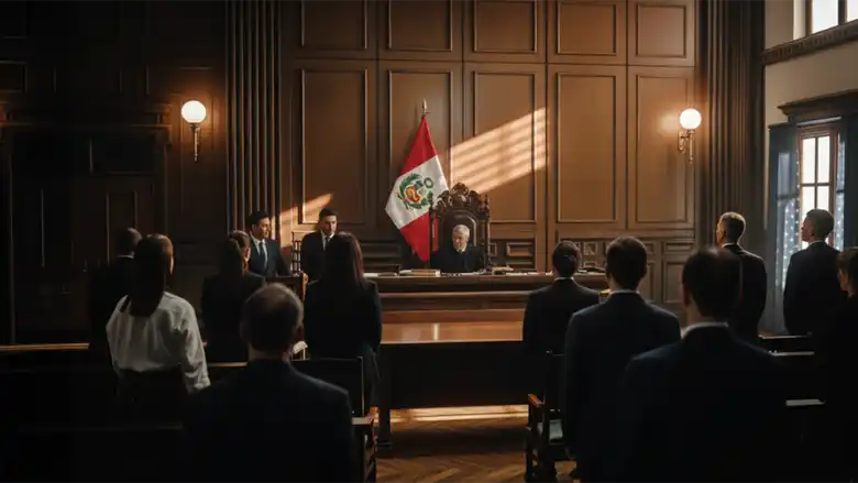 Imagen de una sala de audiencias de Perú con mazo y bandera peruana, ilustrando el derecho penal peruano y el sistema judicial.