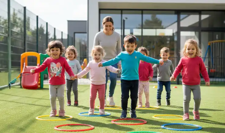Docente guiando a dos niños en actividades de ejercicio físico en el aula, ilustrando procesos de desarrollo infantil temprano.