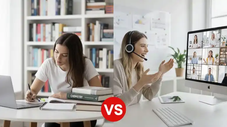 Collage que ilustra la diferencia entre educación a distancia y educación virtual. En el lado izquierdo, una mujer joven estudia concentrada en sus notas escritas y libros, sentada en una mesa con una computadora portátil, representando la educación a distancia. A la derecha, otra mujer participa en una videollamada grupal, simbolizando la educación virtual. Las imágenes están separadas por un círculo con las letras "vs".