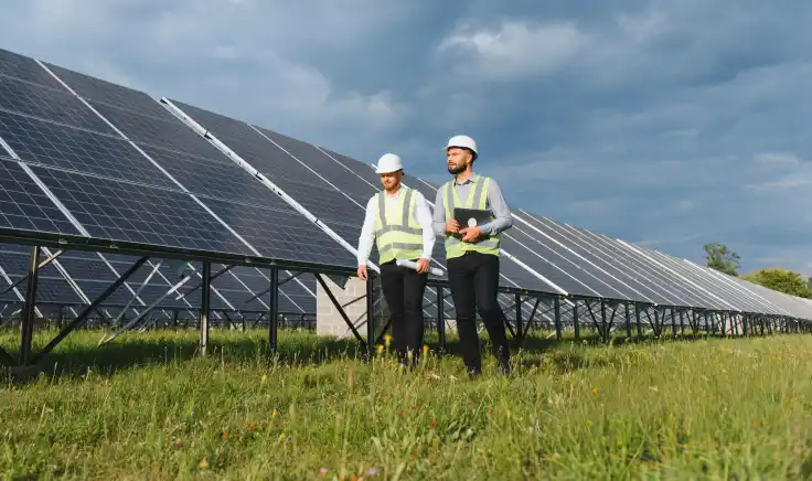 Ingenieros inspeccionan una planta de paneles solares, mostrando cómo las energías renovables impulsan la generación de electricidad limpia y el desarrollo de proyectos de energía sostenible.