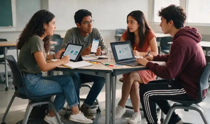Estudiantes de la Gen Z colaboran con dispositivos móviles en un entorno escolar, mostrando cómo la tecnología de la educación transforma el aprendizaje y responde a las necesidades de la Gen Alfa y las nuevas generaciones.