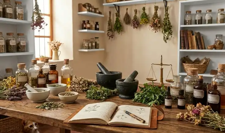 Imagen que muestra una selección de hierbas medicinales y especias de medicina tradicional dispuestas en tazones y cucharas de madera sobre un tapete de bambú, junto a un mortero con cúrcuma en polvo.