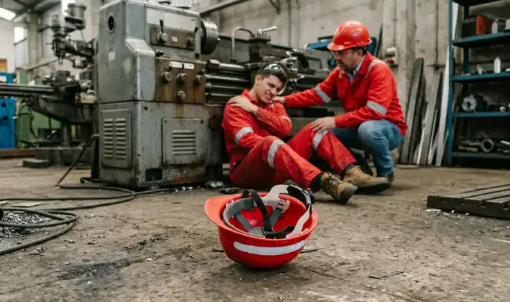 Un trabajador industrial en el suelo, mostrando dolor y sosteniendo su hombro, mientras un compañero le presta ayuda tras un accidente. En primer plano, un casco de seguridad naranja está caído en el suelo de la fábrica, ilustrando los riesgos laborales en un entorno de maquinaria.