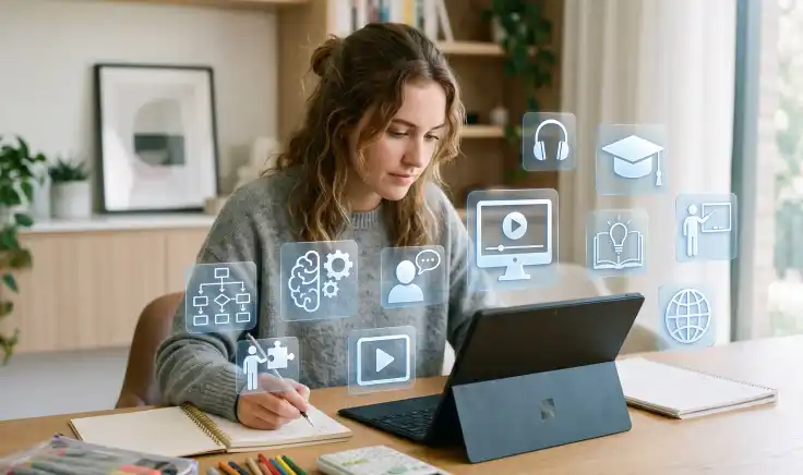 Persona utiliza un dispositivo móvil con iconos de aprendizaje digital, representando el impacto de la tecnología en la educación para acceder a cursos, recursos y plataformas de enseñanza en línea.