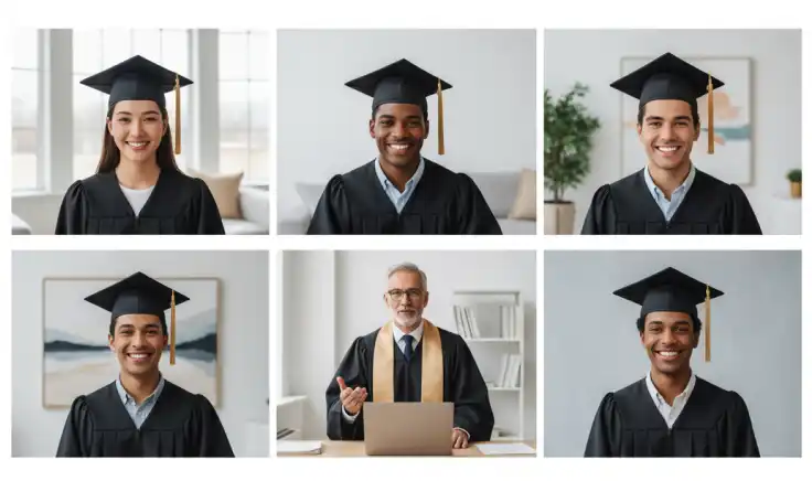 Un collage de múltiples personas en videollamada, mostrando la diversidad de edades y etnias en la didáctica universitaria, todos sonriendo y mirando a la cámara, vestidos con togas y birretes de graduación en la Universidad San Martín de Porres Maestrías.