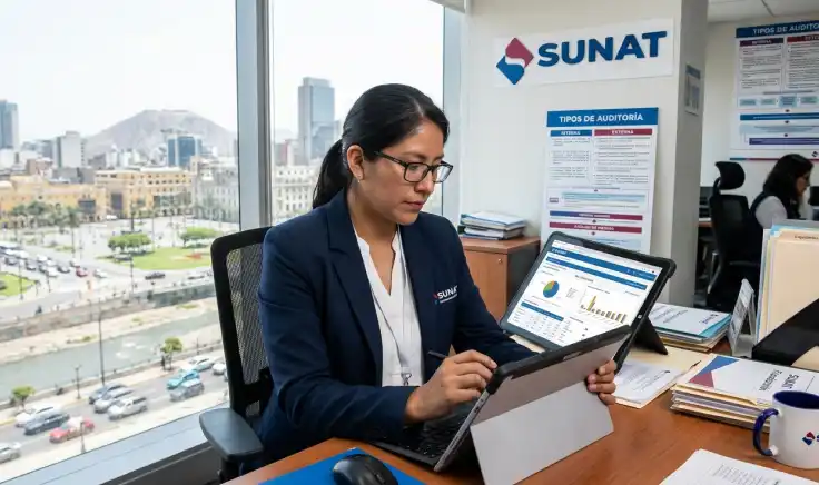 Auditora peruana analizando el proceso de auditoría tributaria en una tableta. Se encuentra en una oficina con el logotipo de SUNAT y un póster detallando los tipos de auditoría, interna y externa, con una vista de la ciudad de Lima de fondo.