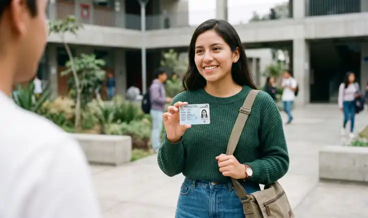 Estudiante universitaria muestra su documento de identidad en un campus, ilustrando el trámite de duplicado DNI Reniec para recuperar la identificación oficial en Perú.