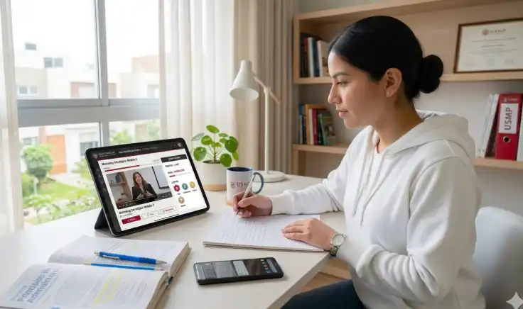 Una persona joven de espaldas sentada frente a una laptop que muestra una plataforma de gamificación educativa con puntajes y elementos interactivos.