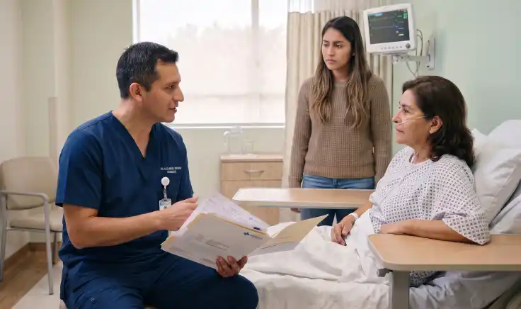 Médico conversa con una paciente hospitalizada y su familiar durante la atención clínica, reflejando la importancia de la gestión de la calidad en salud para brindar una atención segura, humanizada y centrada en el paciente.