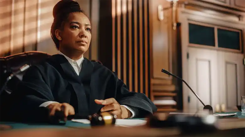 Fotografía de una jueza dictando sentencia en una sala de juicio, representando la aplicación del derecho penal y visualizando qué es el derecho penal en un contexto judicial real.