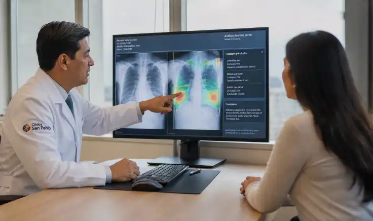 Una mujer sentada en un sofá interactuando con su teléfono móvil que tiene una aplicación de inteligencia artificial en salud instalada.