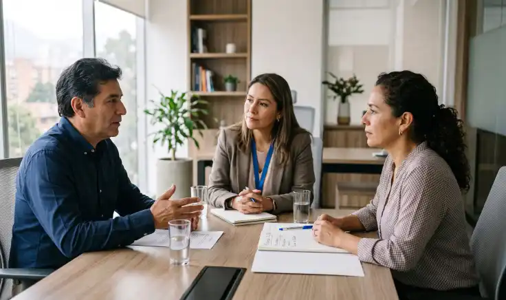 Dos personas dialogan durante una sesión de mediación con un profesional, representando la resolución de conflictos mediante la comunicación, la negociación y la búsqueda de acuerdos.